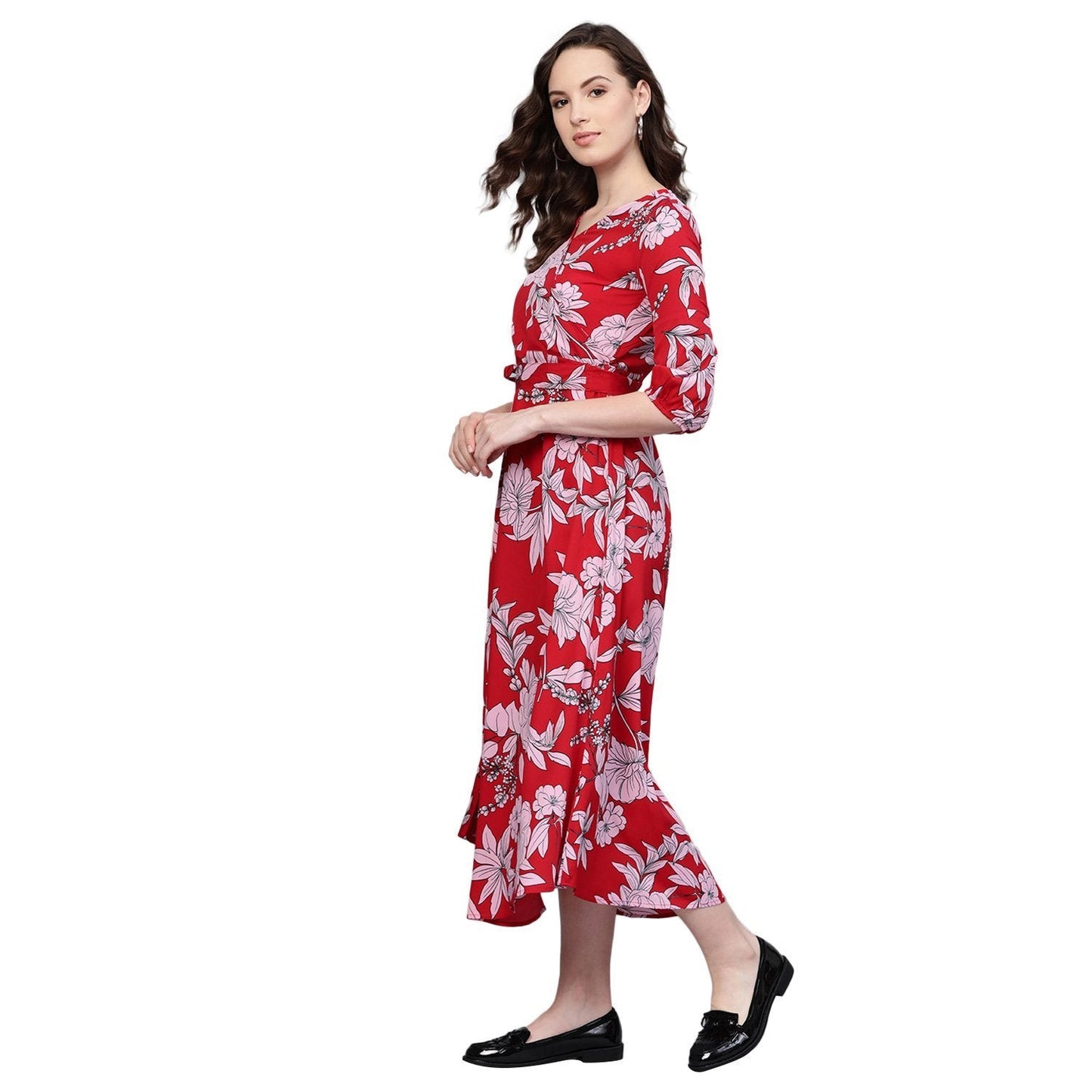 Women's Red Polyester Printed Half Sleeve V Neck Casual Dress