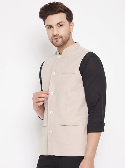 Men's Cream Color Woven Nehru Jacket