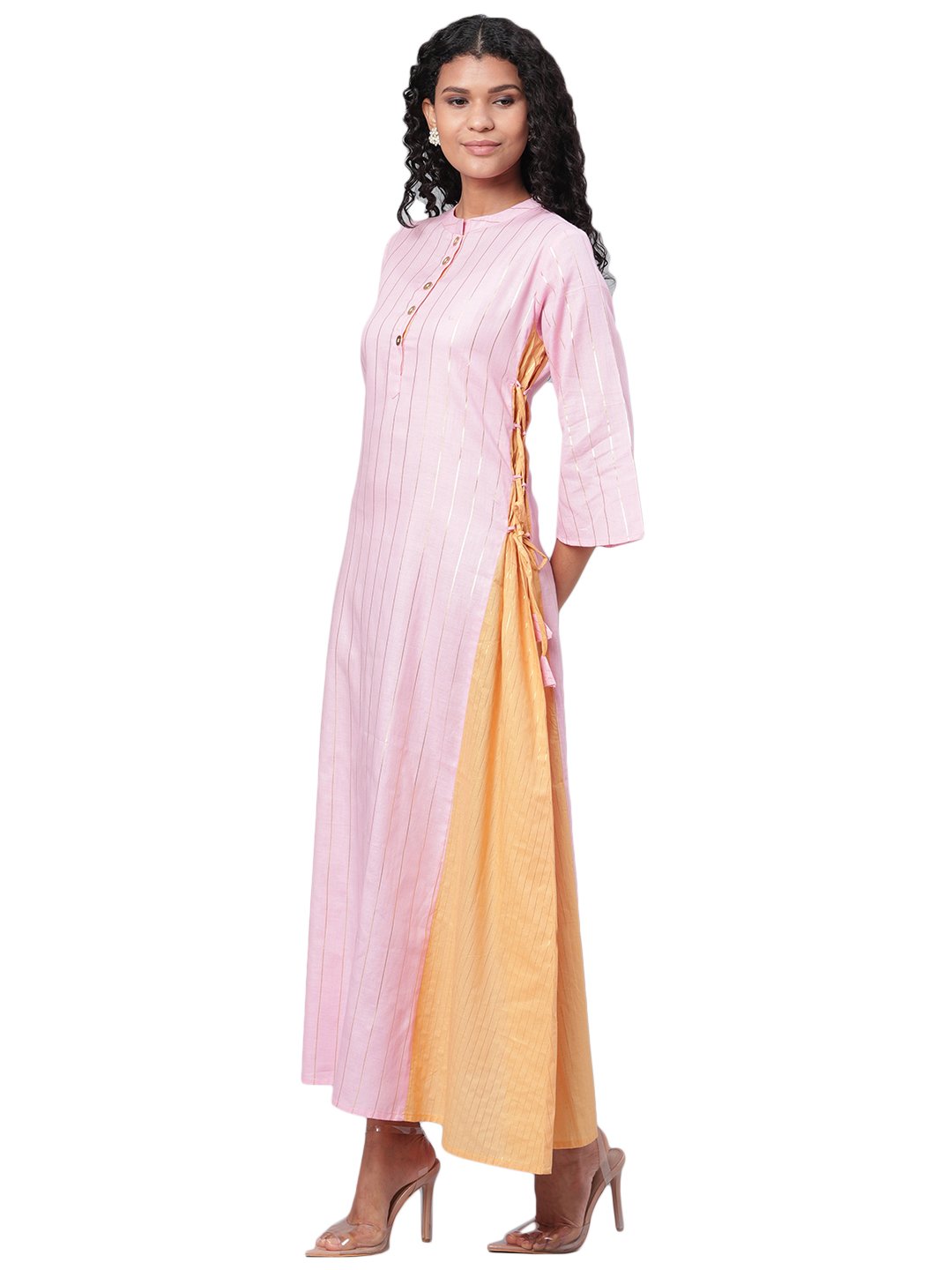 Women's Pink Solid 3/4 Sleeve Cotton Round Neck Dress