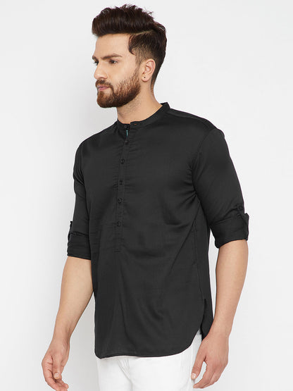 Men's Black Cotton Solid Shirt Kurta