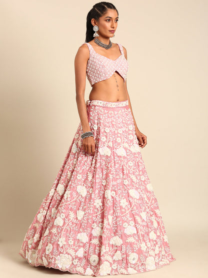 Women's Rose Gold Chinon Sequins And Zarkan Embroidery Lehenga Choli & Dupatta