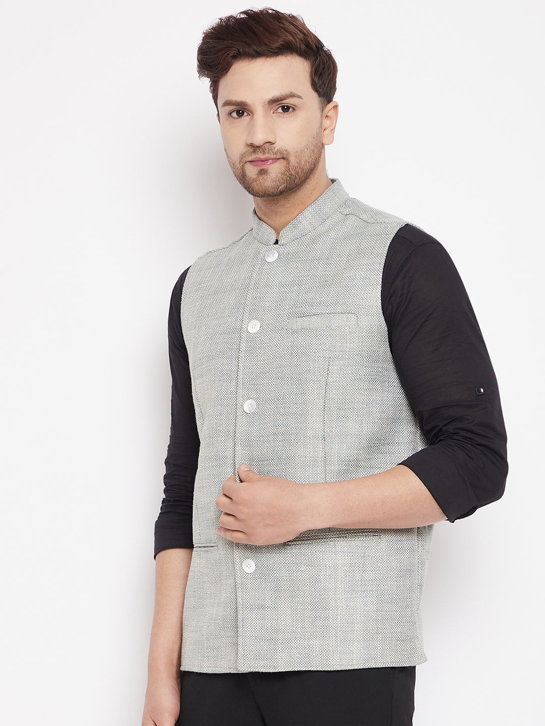 Men's Green Color Woven Nehru Jacket