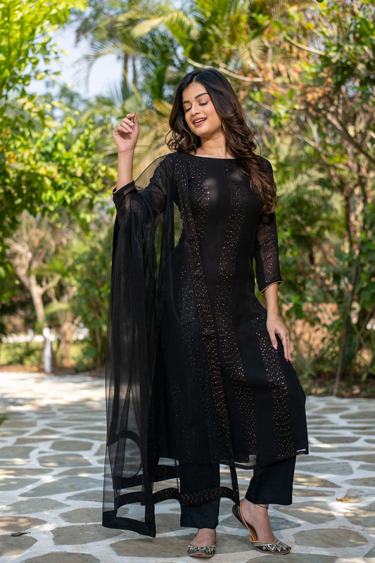 Women's Black And Gold Thread Work Kurta Set