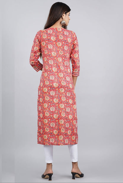 Women's Red Floral Print Straight Kurta