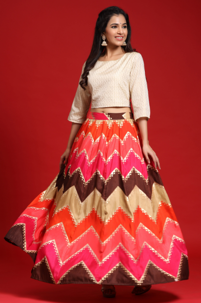 Women's Coral Silk Printed Lehenga With Silk Lurex Choli