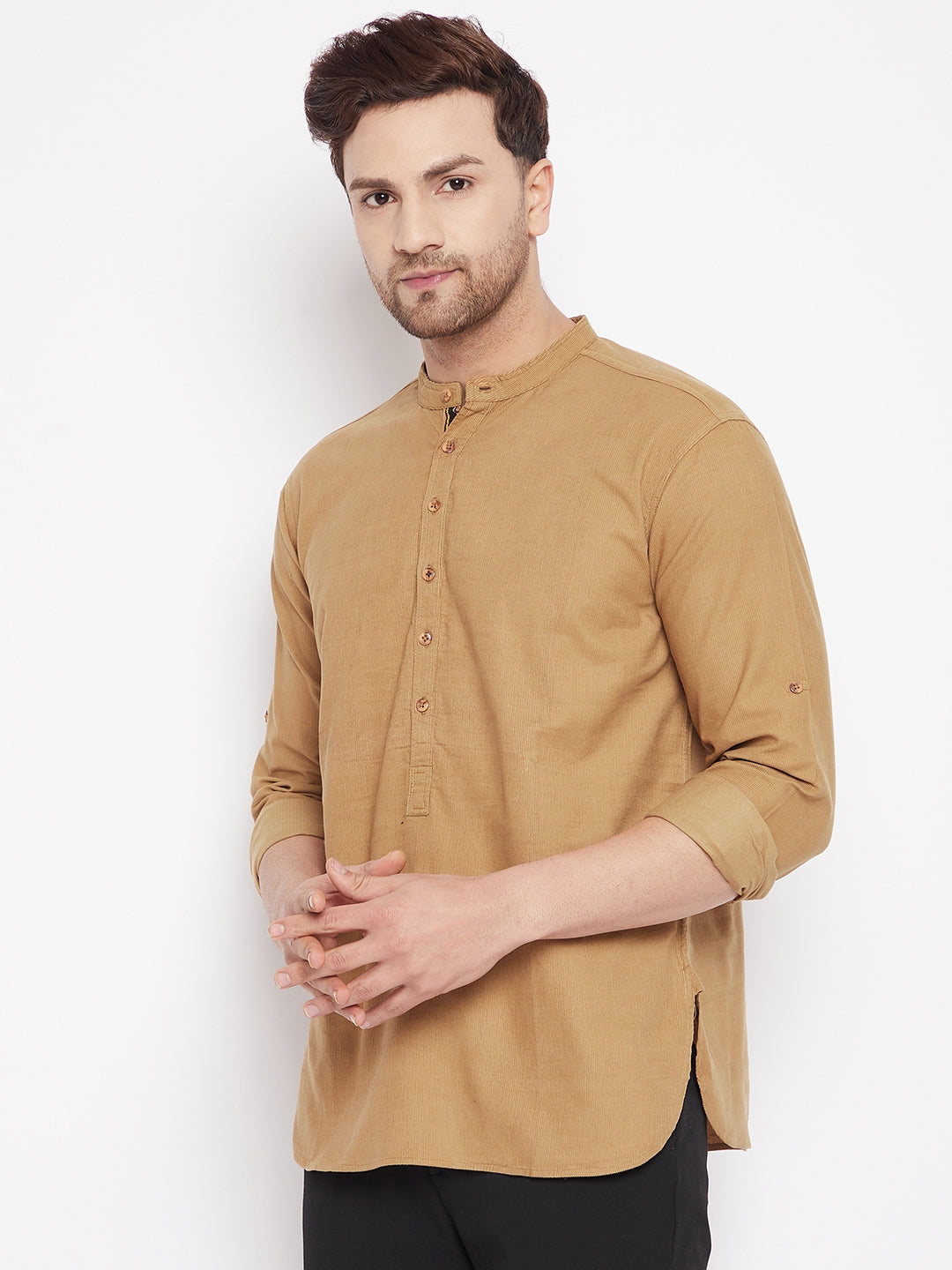Men's Beige Color Short Kurta with Band Collar