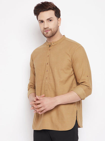 Men's Beige Color Short Kurta with Band Collar