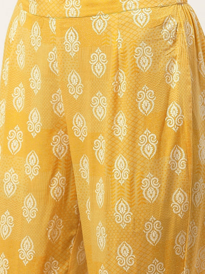 Women's Yellow & White Ethnic Hand Printed Cotton Kurta with Trousers & Dupatta