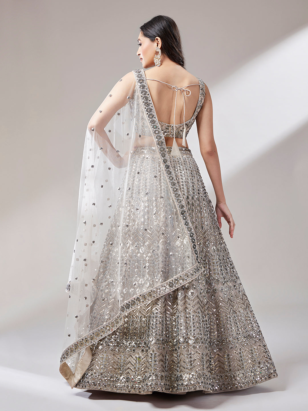 Women's Beige - Net Mirror & Sequins Embroiderey Ready To Wear  Lehenga Choli