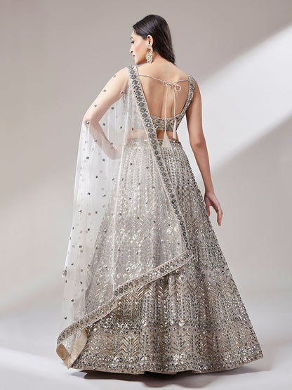 Women's Beige - Net Mirror & Sequins Embroiderey Ready To Wear  Lehenga Choli
