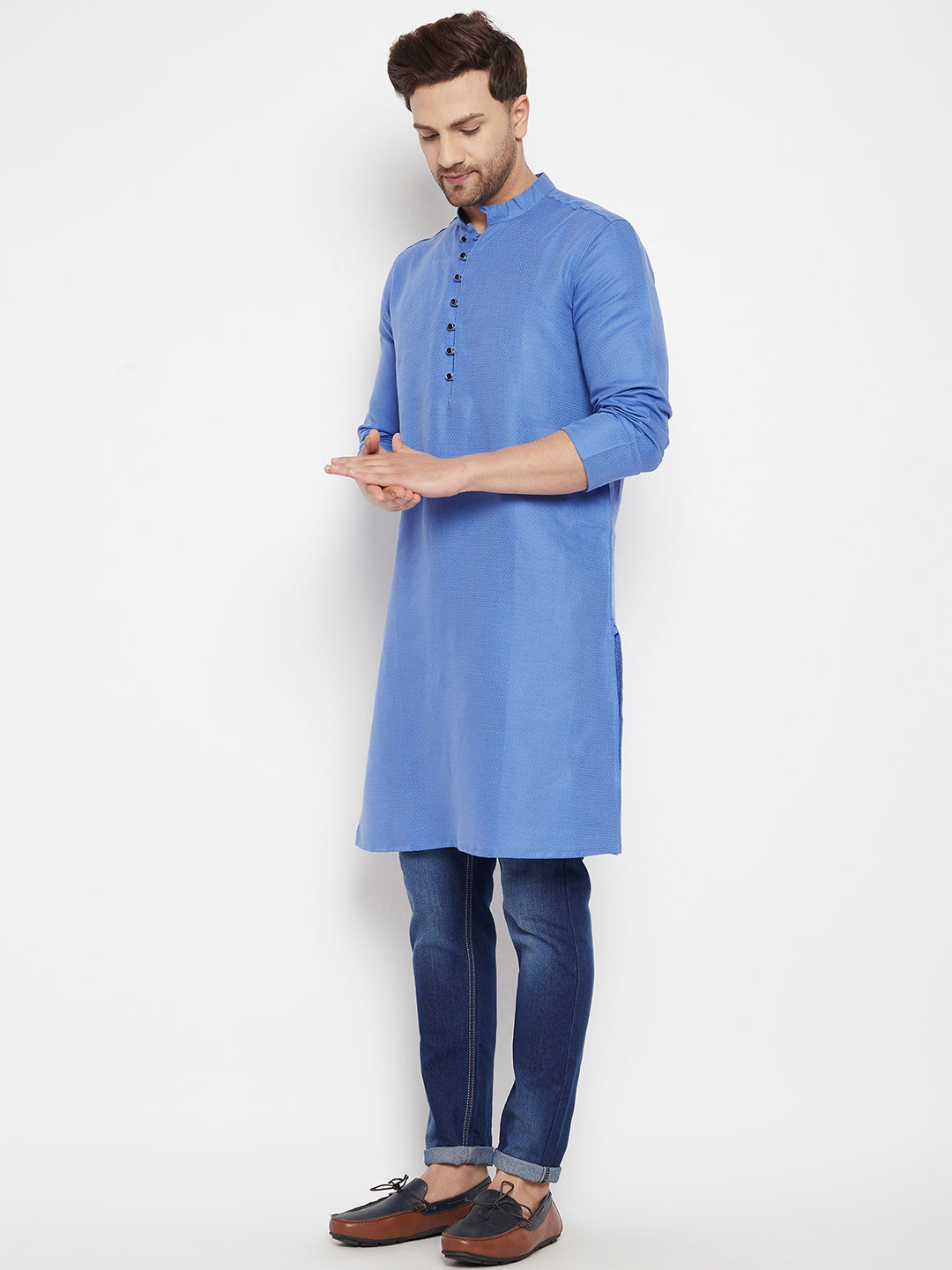 Men's Blue Color Long Kurta with Band Collar