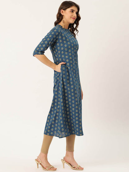 Women's Cotton Gold Printed with Gold Buttons Kurta