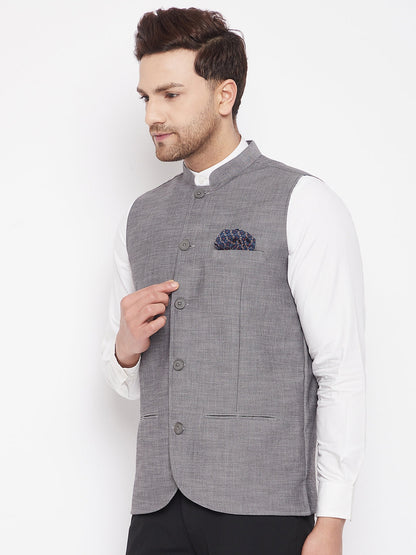 Men's Grey Color Nehru Jacket-Contrast Lining-Free Pocket Square