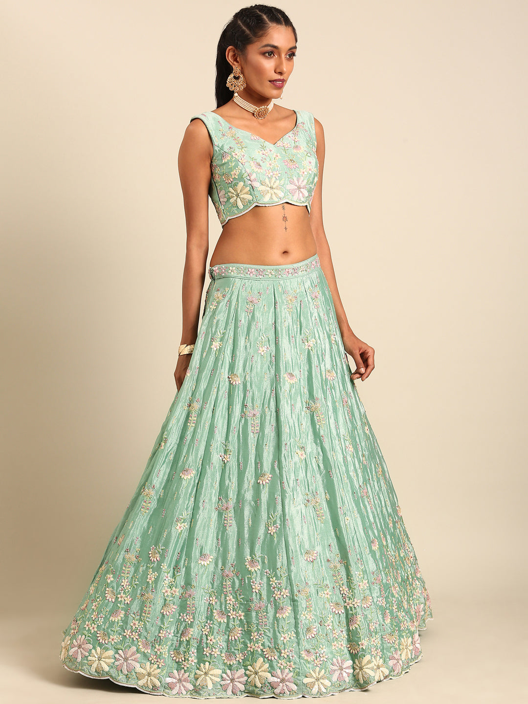 Women 's Sea Green Georgette heavy Sequinse embroidery Ready to Wear Lehenga choli & Dupatta