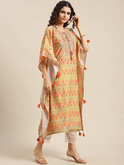 Women's Orange Ethnic Motifs Printed Flared Sleeves Kurta
