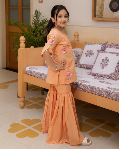 Girl's Posie Orange Handpainted Chanderi Co ord Set