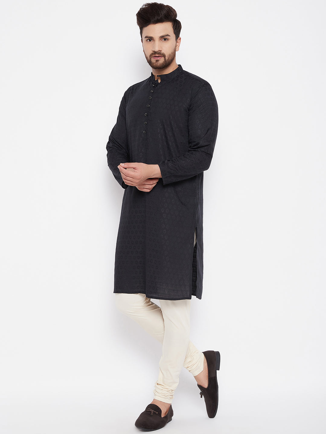 Men's Woven Design Black Straight Kurta