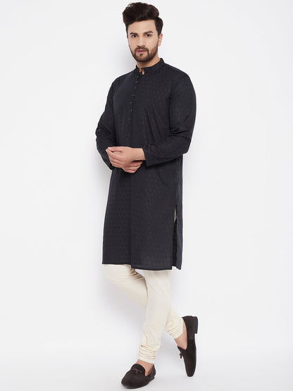 Men's Woven Design Black Straight Kurta