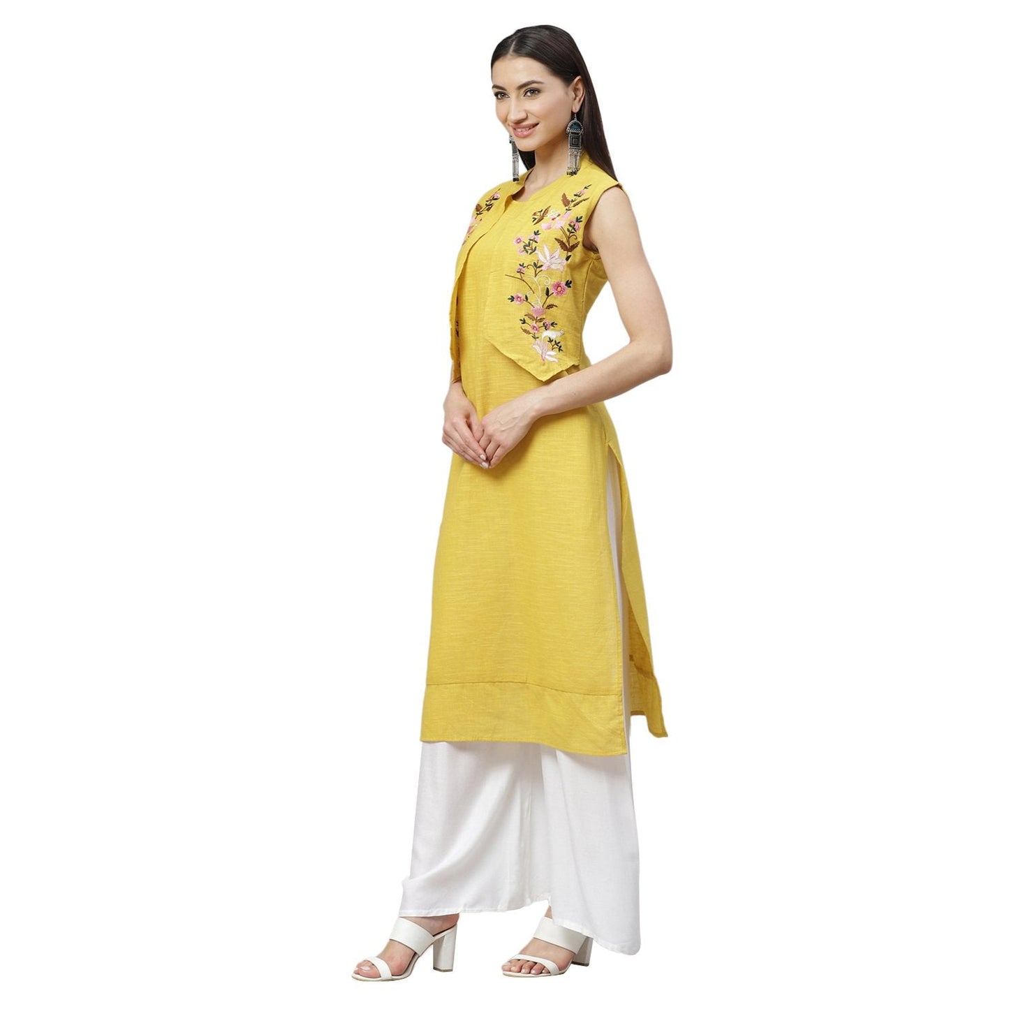 Women's Yellow Cotton Slub Printed Sleeveless Round Neck Casual Dress
