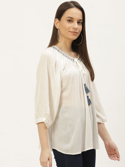 Women's White Rayon Crepe Embroided Top (1pc)