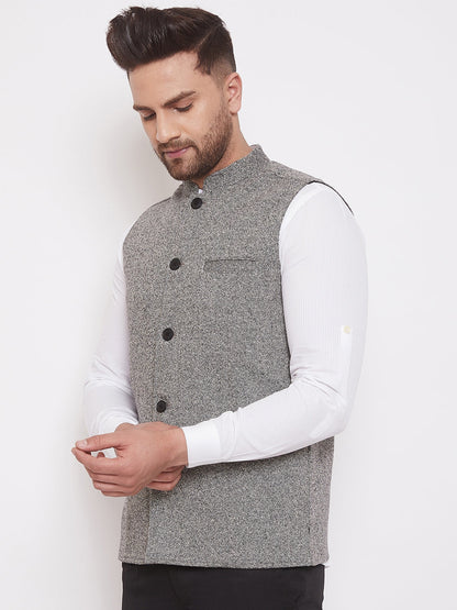 Men's Solid Grey Wool Nehru Jacket