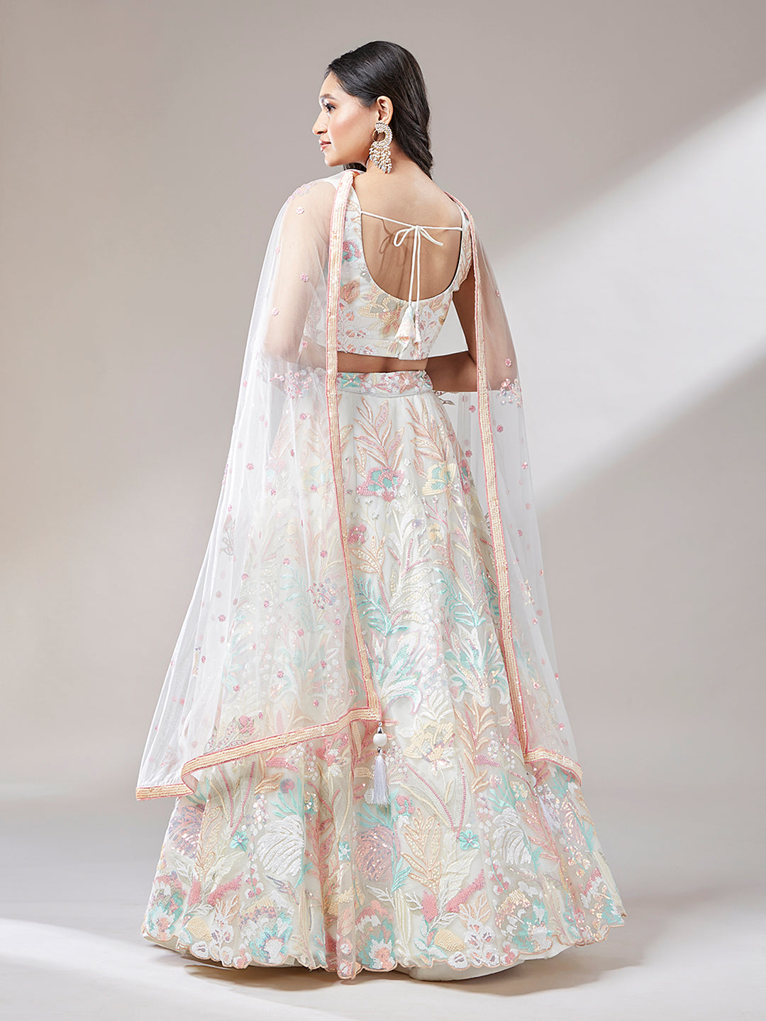 Women 's Cream Net Sequinse Work Ready to Wear Lehenga & stitched Blouse with Dupatta