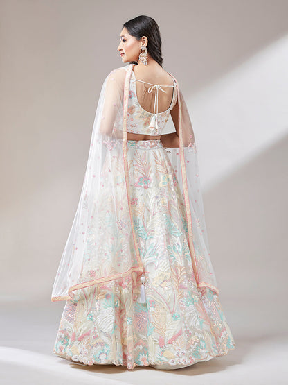 Women 's Cream Net Sequinse Work Ready to Wear Lehenga & stitched Blouse with Dupatta
