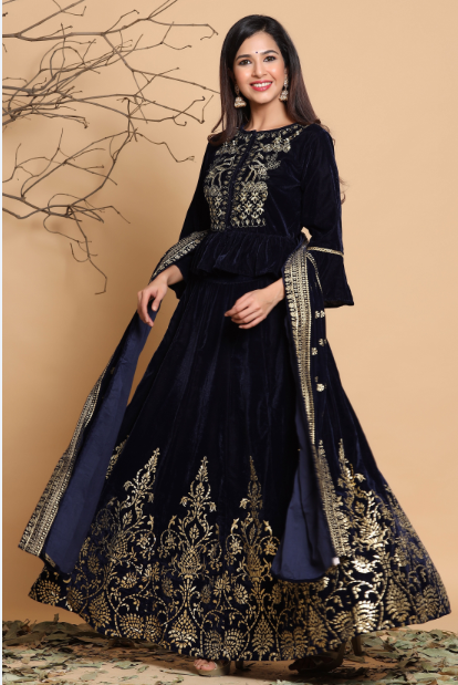 Women Navy blue Velvet Lehenga Choli Dupatta Set by Juniper