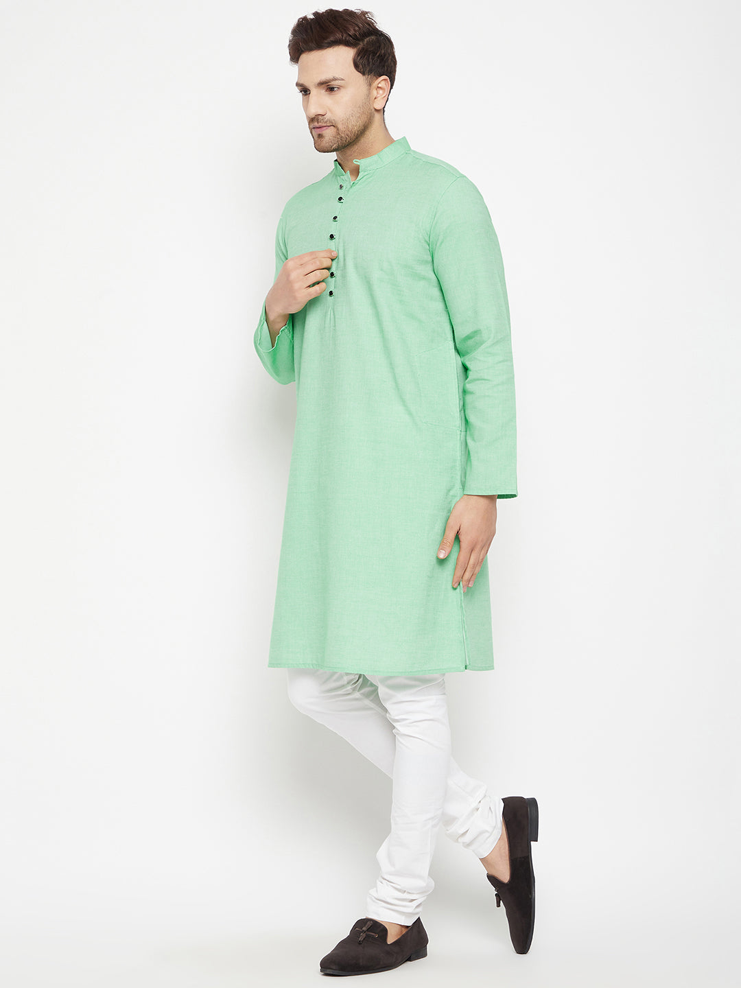 Men's Green Color Long Kurta with Band Collar