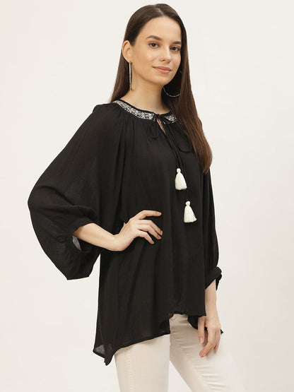 Women's Black Rayon Crepe Embroided Top (1pc)