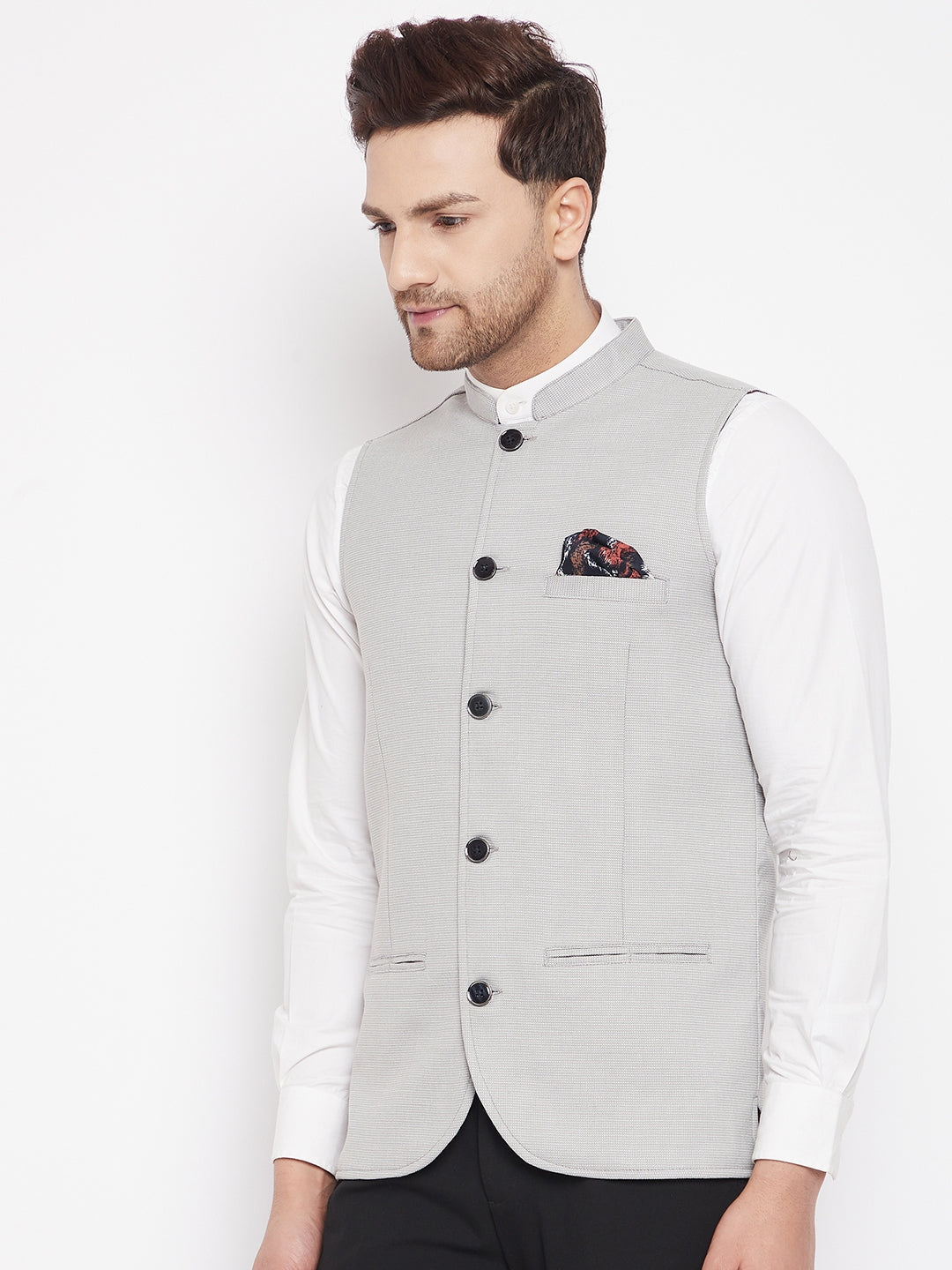 Men's Grey Color Nehru Jacket-Contrast Lining-Free Pocket Square