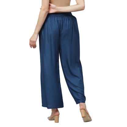 Women's Blue Cotton Solid Casual Trouser