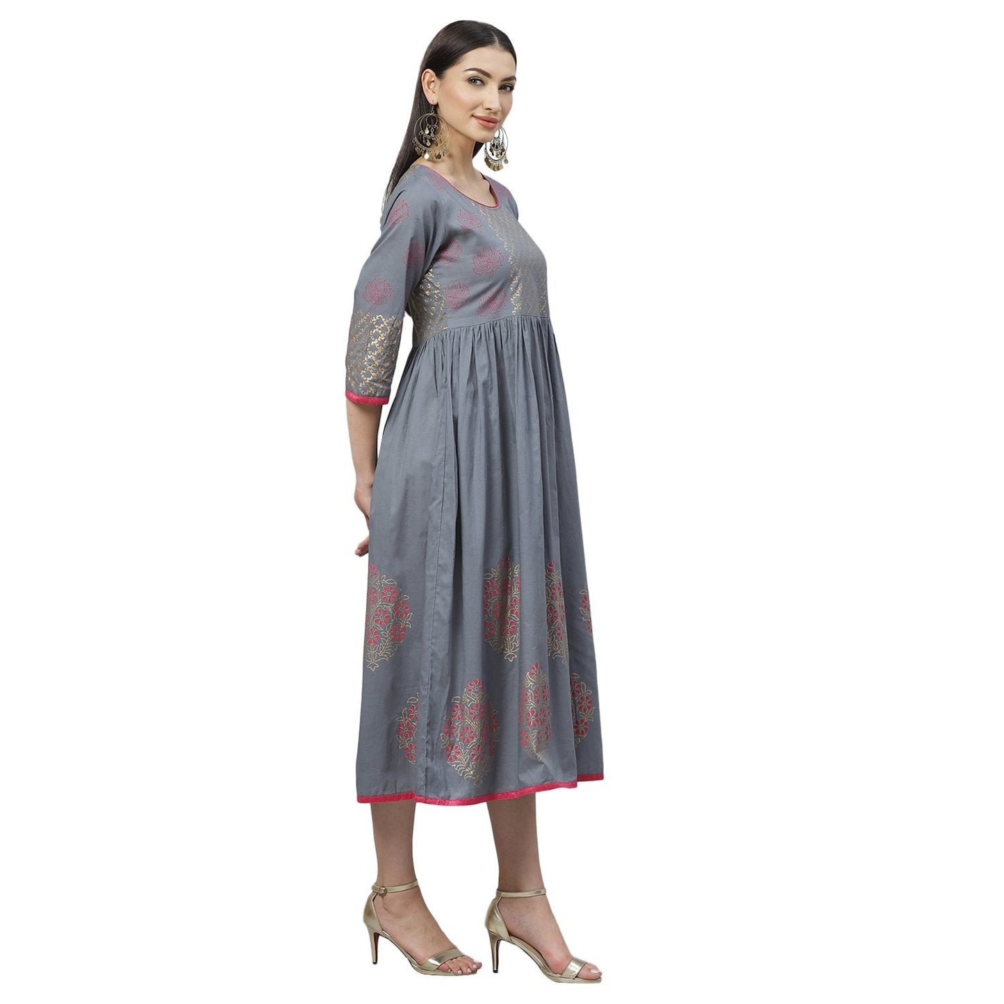 Women's Grey Cotton Printed 3/4 Sleeve Round Neck Casual Dress