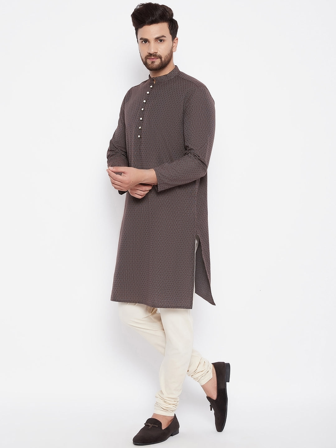 Men's Woven Design Brown Straight  Kurta