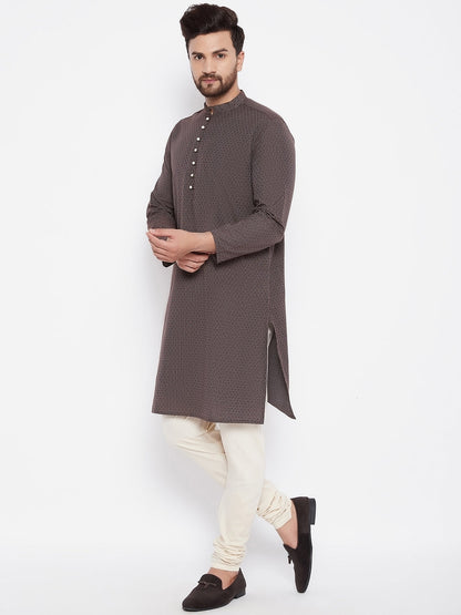 Men's Woven Design Brown Straight  Kurta