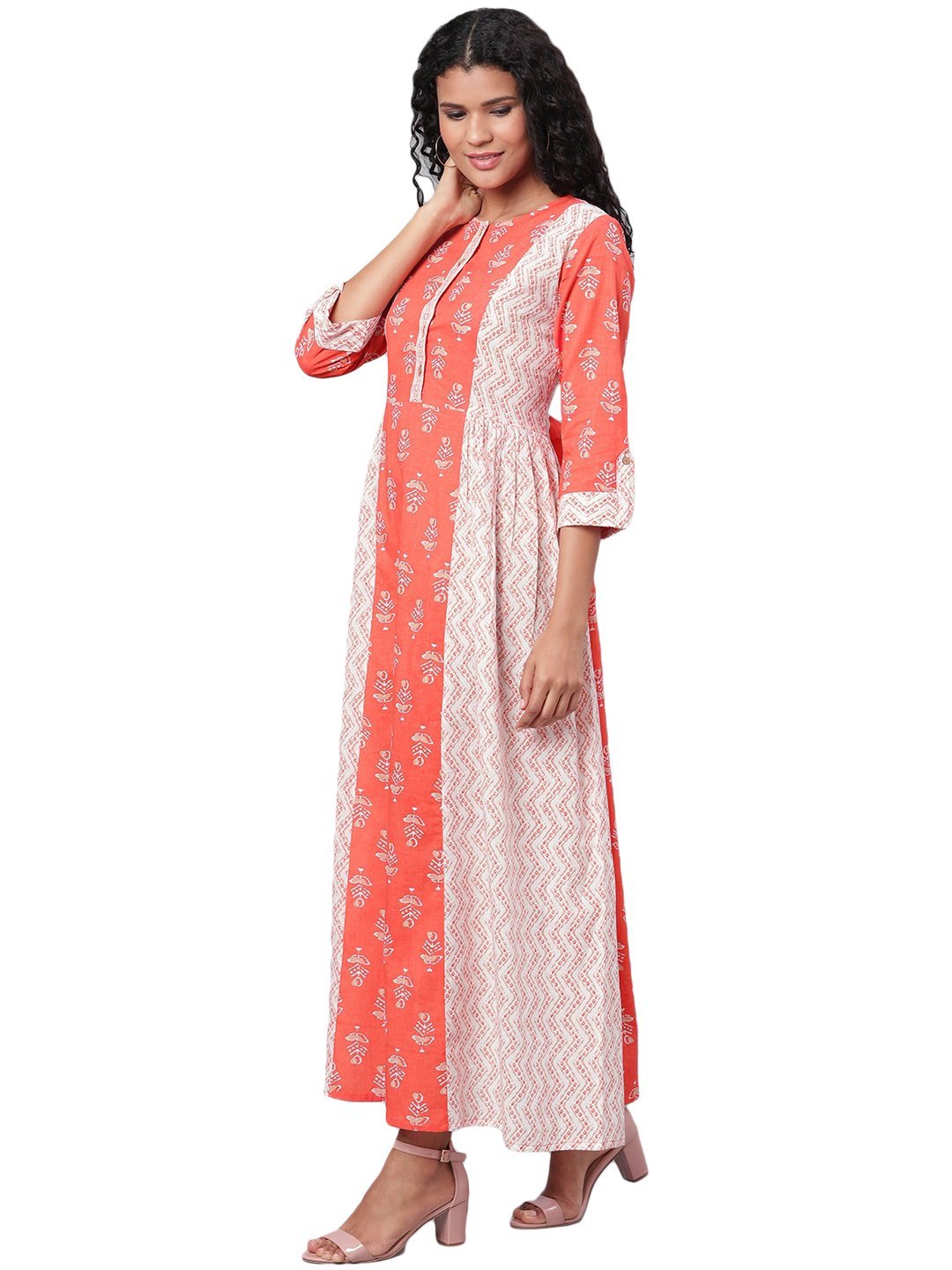 Women's Multi Printed 3/4 Sleeve Cotton Round Neck Dress