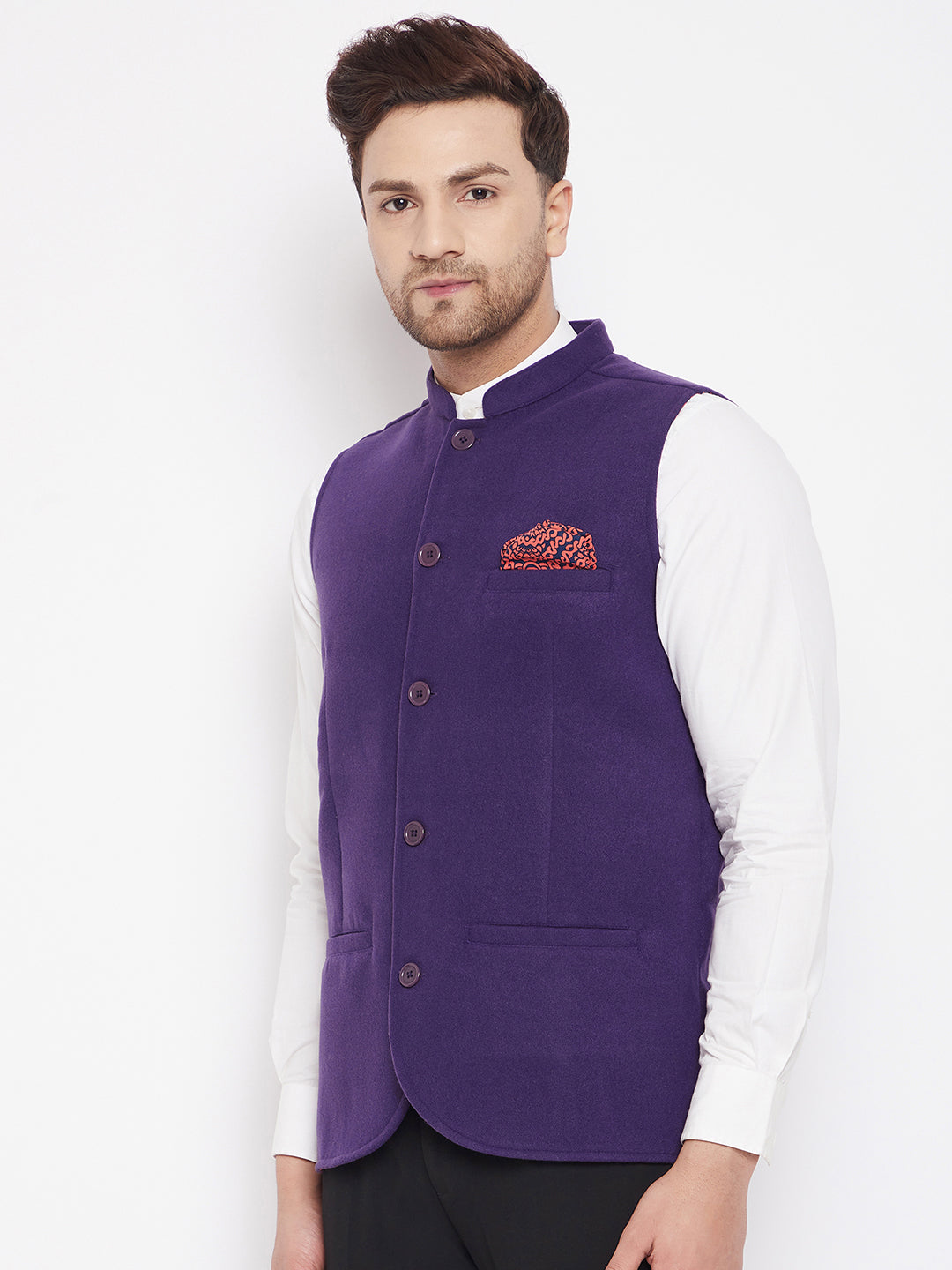 Men's Purple Color Nehru Jacket-Contrast Lining-Inbuilt Pocket Square