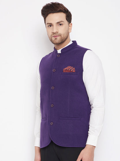 Men's Purple Color Nehru Jacket-Contrast Lining-Inbuilt Pocket Square