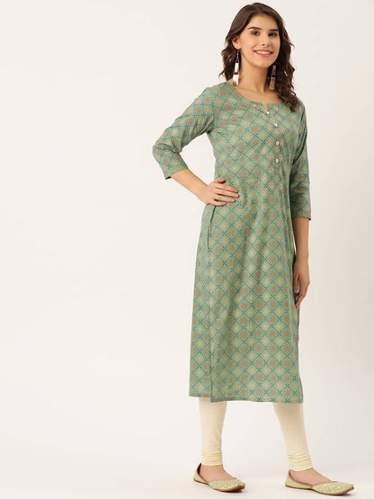 Women's Cotton Printed with Zari work & embroidered buttons detailing Kurta