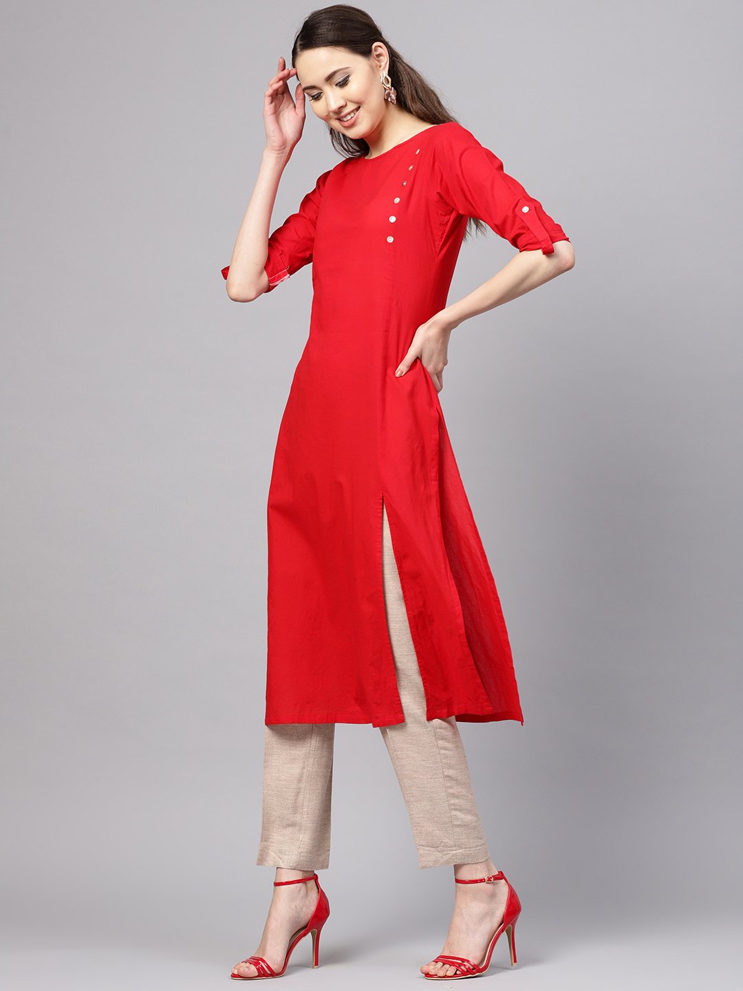 Women Orange Cotton Kurta by Myshka (