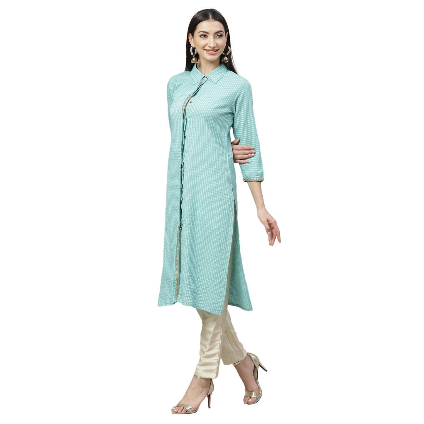 Women's Green Cotton Check 3/4 Sleeve Shirt Collar Casual Kurta Only
