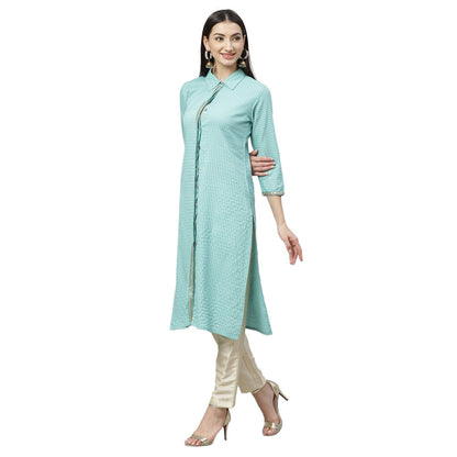 Women's Green Cotton Check 3/4 Sleeve Shirt Collar Casual Kurta Only