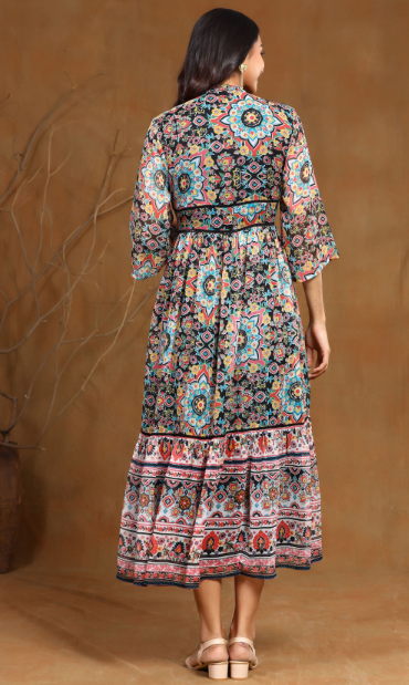 Women's Black Chiffon Printed Tiered Dress