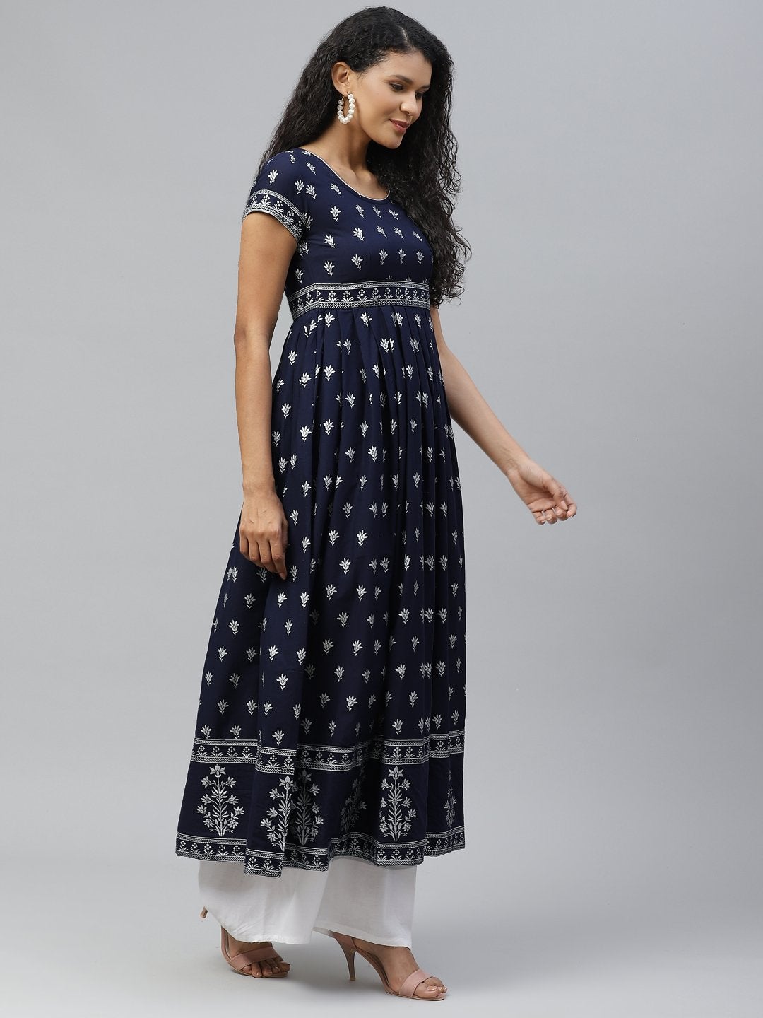 Women's Blue Silver Print Stylish Cotton Anarkali Kurta