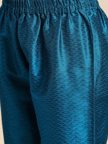 Women's Blue & Golden Embroidered Jacquard Kurta with Trousers