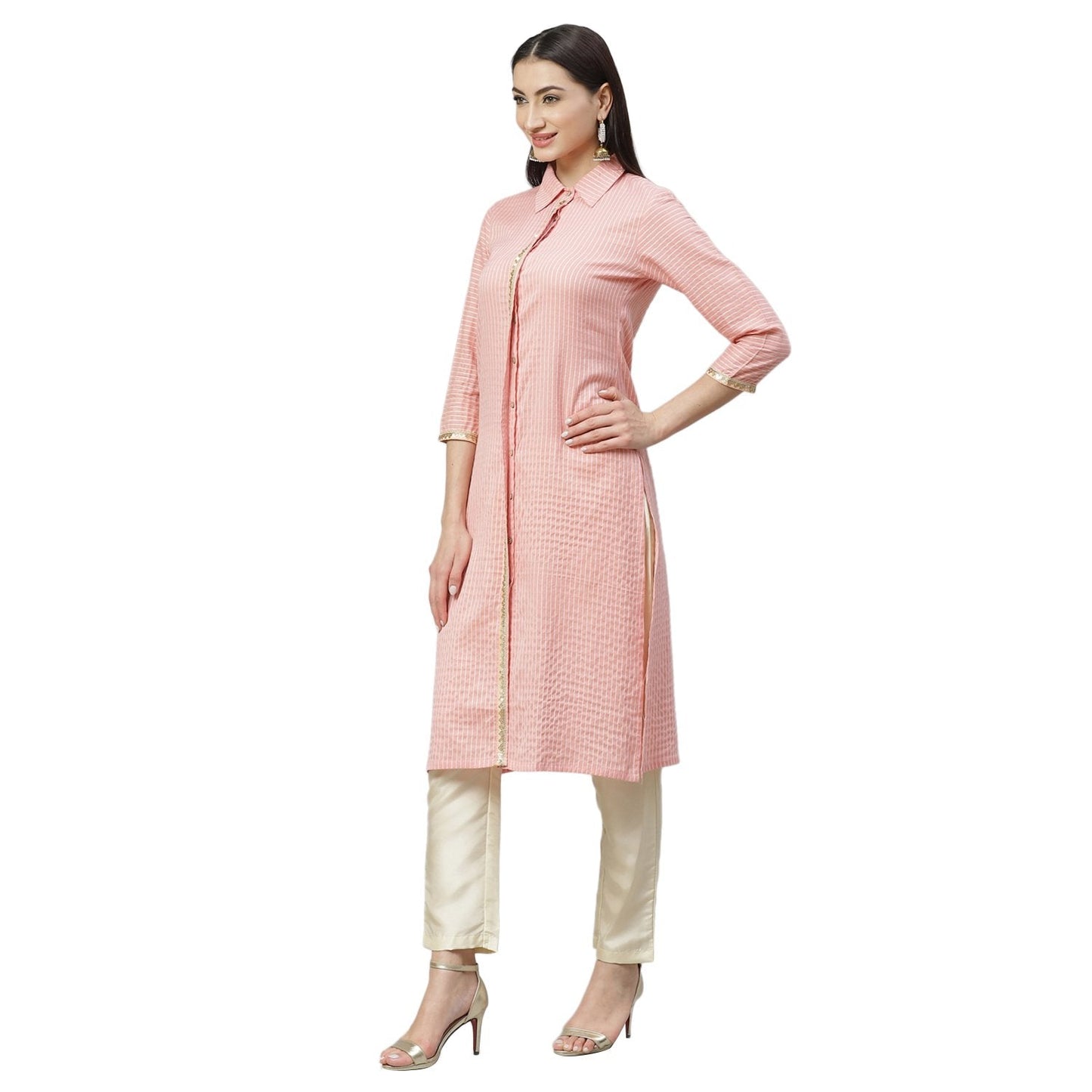 Women's Pink Cotton Check 3/4 Sleeve Shirt Collar Casual Kurta Only