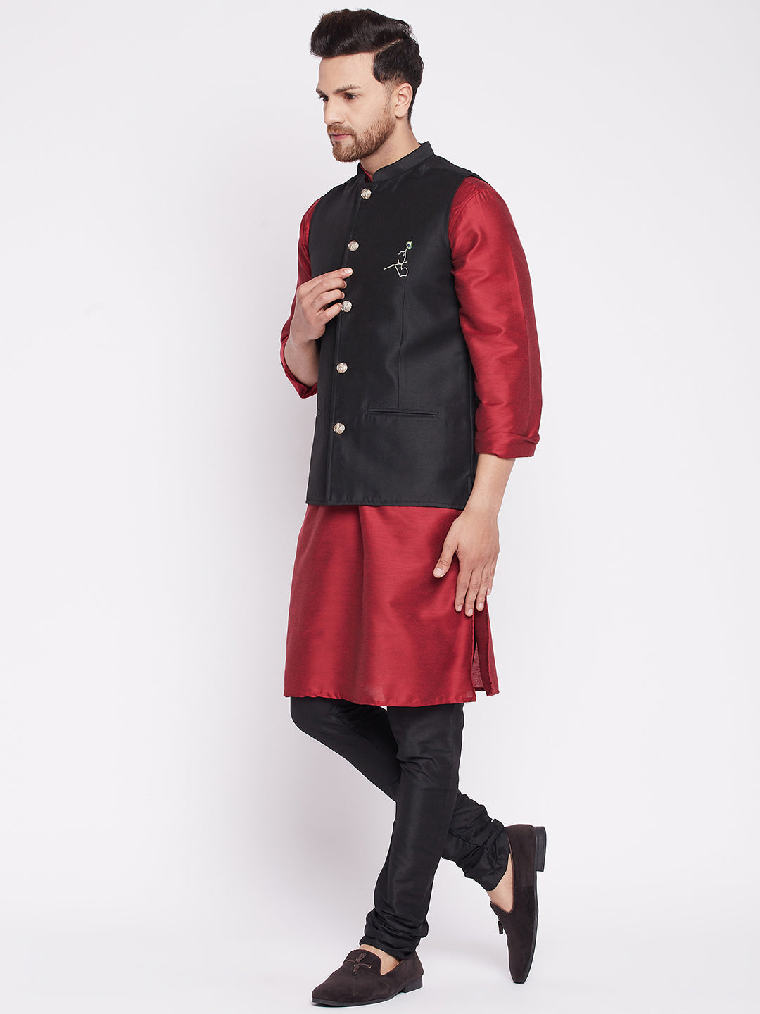 Men's Nehru Jacket With Embroided Insignia Of Lord Krishn