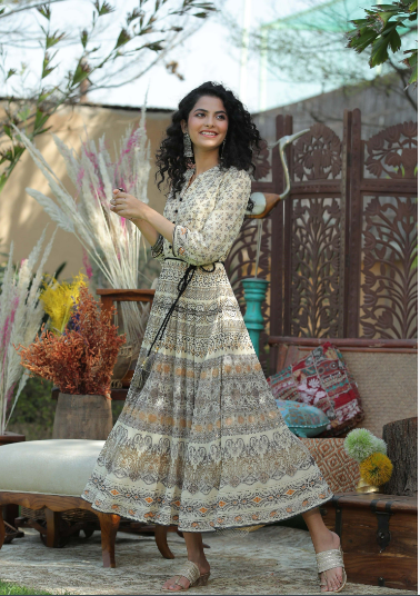 Women's Cream Georgette Printed Flared Dress with Waist Tie-up