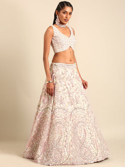 Women 's Cream Net Multi Sequins with heavy Zarkan embroidery Ready to Wear Lehenga choli & Dupatta