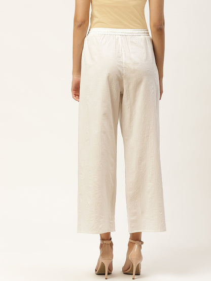 Women's White Solid Schiffli Straight Cotton Palazzos